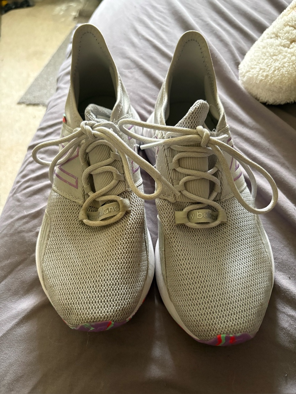 New Balance Women's Light Beige Mesh Running Sneakers with Pink Accents